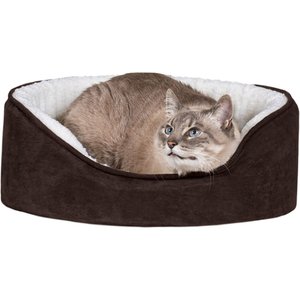 FurHaven Faux Sheepskin & Suede Orthopedic Bolster Dog Bed w/Removable Cover, Espresso, Small