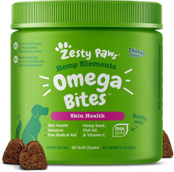 Zesty Paws Hemp Elements Omega Bites Chicken Flavored Soft Chews Skin & Coat Supplement for Dogs, 90 count slide 1 of 8
