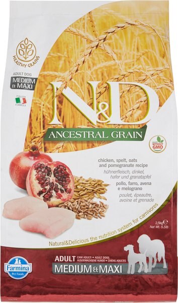 Farmina N&D Ancestral Grain Chicken & Pomegranate Medium & Maxi Adult Dry Dog Food, 5.5-lb bag slide 1 of 6