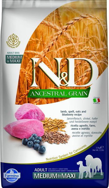 Farmina N&D Ancestral Grain Lamb & Blueberry Medium & Maxi Adult Dry Dog Food, 5.5-lb bag slide 1 of 6