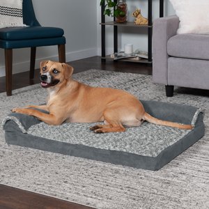 FurHaven Two Tone Faux Fur & Suede Deluxe Chaise Cooling Gel Dog & Cat Bed w/Removable Cover, Stone Gray, Large