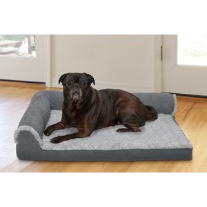 FurHaven Two Tone Faux Fur & Suede Deluxe Chaise Cooling Gel Dog & Cat Bed w/Removable Cover, Stone Gray, Medium
