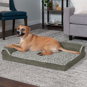 FurHaven Two Tone Faux Fur & Suede Deluxe Chaise Cooling Gel Dog & Cat Bed w/Removable Cover, Dark Sage, Large