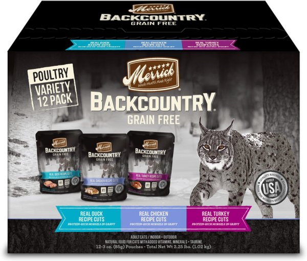 Merrick Backcountry Grain-Free Morsels in Gravy Real Duck, Chicken, Turkey Recipe Cuts Variety Pack Cat Food Pouches, 3-oz, case of 12 slide 1 of 8
