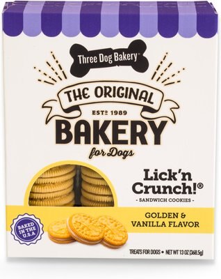 Three Dog Bakery Lick' n Crunch Sandwich Cookies Golden & Vanilla Flavor Dog Treats, slide 1 of 1