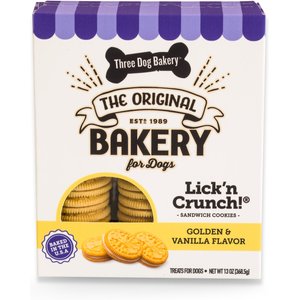 Three Dog Bakery Lick’ n Crunch Sandwich Cookies Golden & Vanilla Flavor Dog Treats, 13-oz box