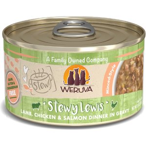 Weruva Classic Cat Stewy Lewis Lamb, Chicken & Salmon in Gravy Stew Canned Cat Food, 2.8-oz can, case of 12