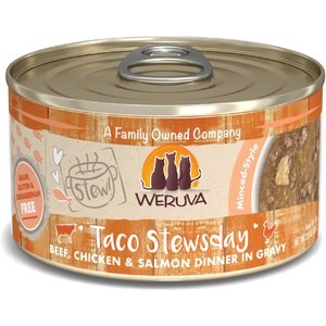 Weruva Classic Cat Taco Stewsday Beef, Chicken & Salmon in Gravy Canned Cat Food, 2.8-oz can, case of 12