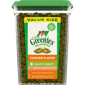 Greenies Feline Smartbites Healthy Indoor Chicken Flavored Cat Treats, 16-oz tub