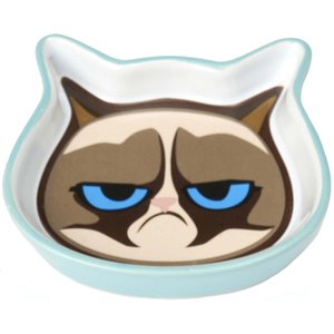 PetRageous Designs Grumpy Cat Face Shallow Pet Saucer, 5-inch