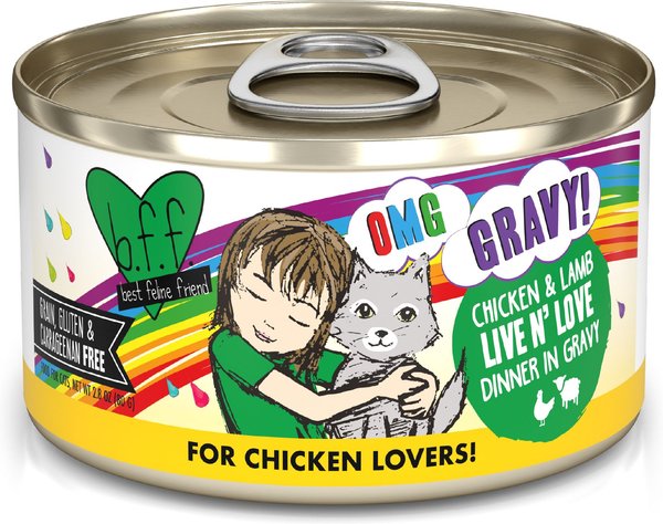 BFF OMG Live N' Love! Chicken & Lamb in Gravy Wet Canned Cat Food, 2.8-oz can, case of 12 slide 1 of 10