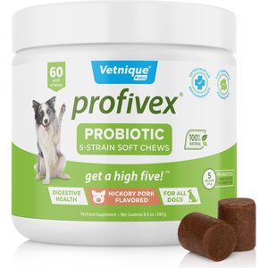 Vetnique Labs Profivex Probiotics 5-Strain Pork Pet Digestive Health Probiotic, Prebiotic & Fiber Soft Chew Dog Supplement, 60 count