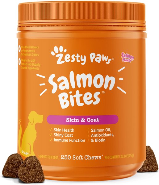 Zesty Paws Salmon Bites Salmon Flavored Soft Chews Skin & Coat Supplement for Dogs, 250 count slide 1 of 11