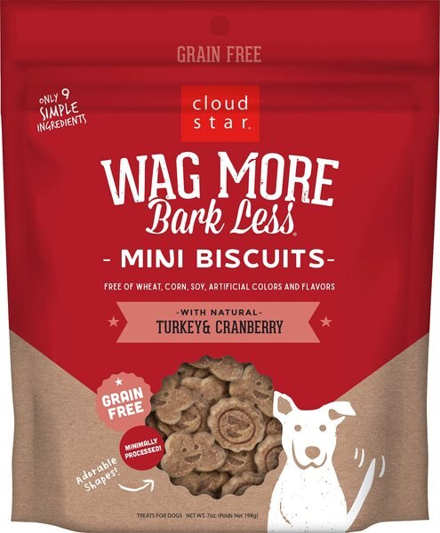 Cloud Star Wag More Bark Less Grain-Free Oven Baked Turkey & Cranberry Mini Biscuits Dog Treats, 7-oz bag slide 1 of 5