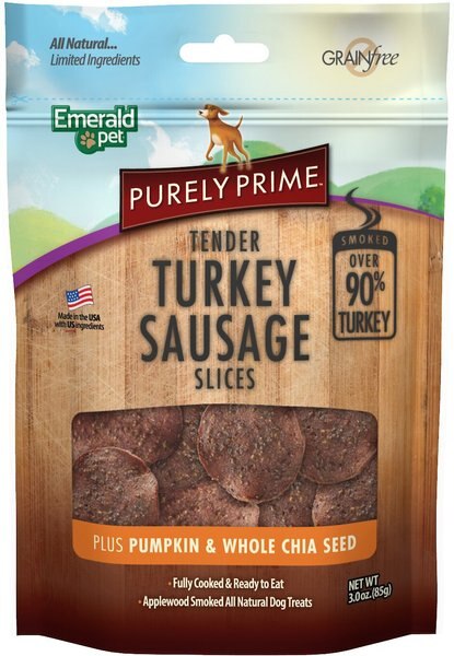 Emerald Pet Purely Prime Tender Turkey Sausage Pumpkin & Chia Chicken-Free Dog Treats, 3-oz bag slide 1 of 3