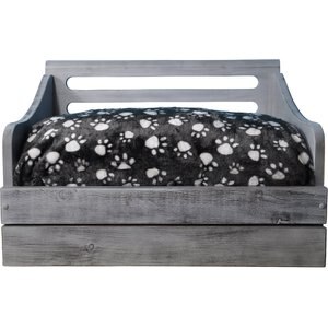 Iconic Pet Sassy Paws Feeder & Wooden Sofa Cat & Dog Bed w/Removable Cover, Antique Gray, Medium