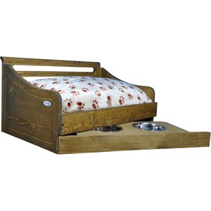 Iconic Pet Sassy Paws Feeder & Wooden Sofa Cat & Dog Bed w/Removable Cover, Rustic Brown, Medium