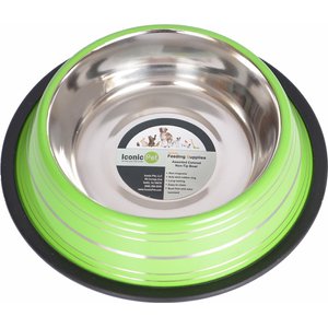 Iconic Pet Color Splash Stripe Non-Skid Stainless Steel Dog & Cat Bowl, Green, 24-oz