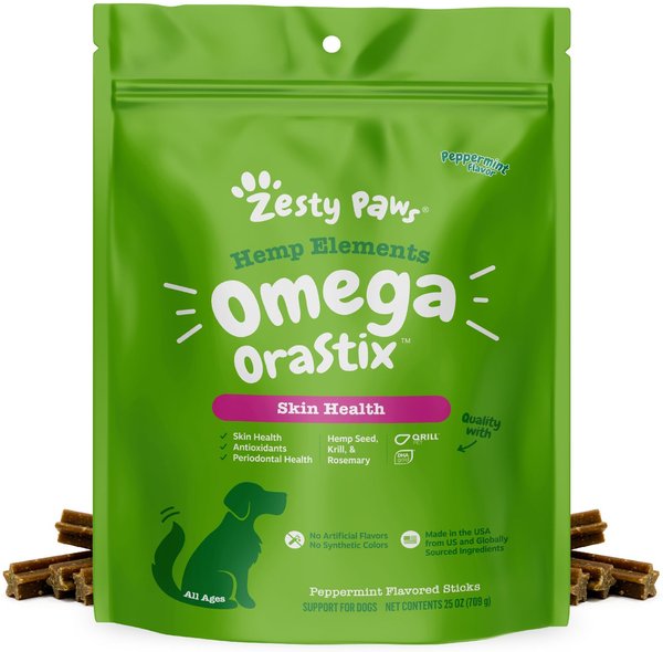 Zesty Paws Hemp Elements Omega OraStix Peppermint Flavor Dog Dental Chews, 25 count slide 1 of 9