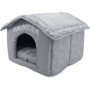 Best Pet Supplies Home Sweet Home Plush Covered Cat & Dog Bed, Silver/Bones