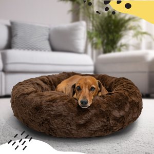 Best Friends by Sheri Calming Lux Fur Donut Cuddler Bolster Cat & Dog Bed, Dark Chocolate, Small