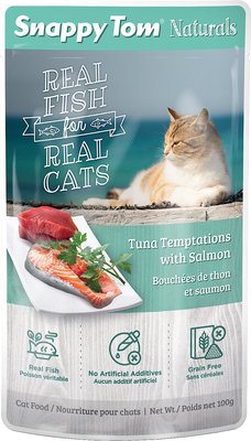 Snappy Tom Naturals Tuna Temptations with Salmon Cat Food Pouches, 3.5-oz, case of 12, slide 1 of 1