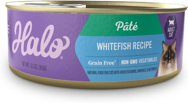 Halo Whitefish Recipe Pate Grain-Free Indoor Cat Canned Cat Food, 5.5-oz, case of 12 slide 1 of 9