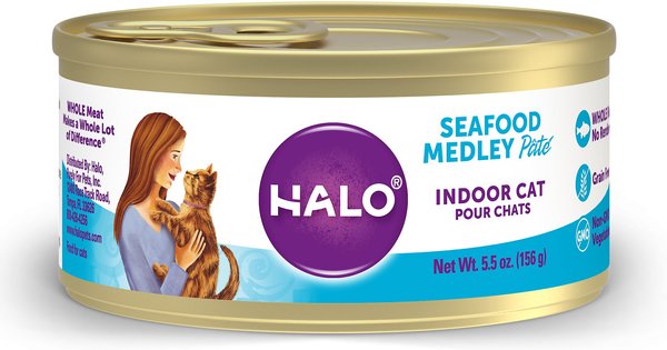 Halo Seafood Medley Pate Grain-Free Indoor Cat Canned Cat Food, 5.5-oz, case of 12 slide 1 of 9