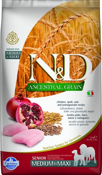 Farmina N&D Ancestral Grain Chicken & Pomegranate Medium & Maxi Senior Dry Dog Food, 5.5-lb bag slide 1 of 6