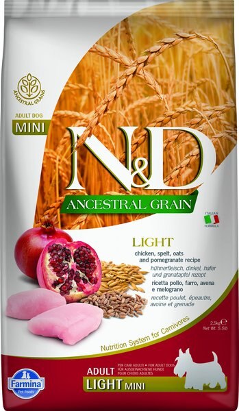 Farmina N&D Ancestral Grain Chicken & Pomegranate Mini Light Dry Dog Food, 5.5-lb bag slide 1 of 6