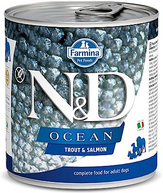 Farmina Natural & Delicious Ocean Trout & Salmon Canned Dog Food, 10.05-oz can, case of 6 slide 1 of 4