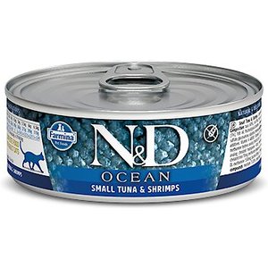 Farmina Natural & Delicious Ocean Small Tuna & Shrimps Canned Cat Food, 2.8-oz can, case of 12