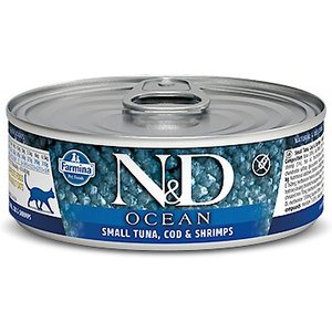 Farmina Natural & Delicious Ocean Small Tuna, Cod & Shrimps Canned Cat Food, 2.8-oz can, case of 12