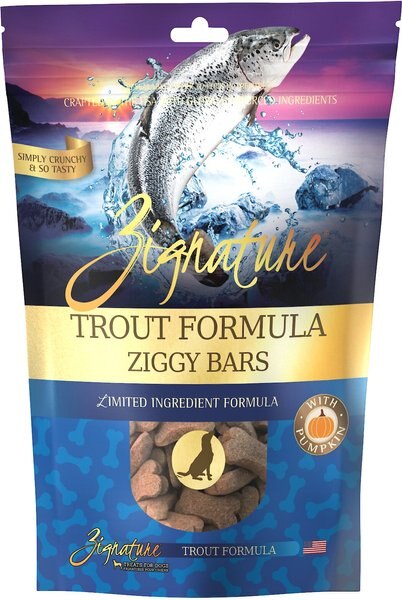 Zignature Grain-Free Trout Formula Ziggy Bars Biscuit Dog Treats, 12-oz bag slide 1 of 6