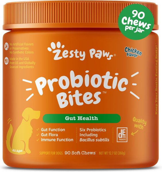 Zesty Paws Probiotic Bites Chicken Flavored Soft Chews Digestive Supplement for Dogs, 90 count slide 1 of 10