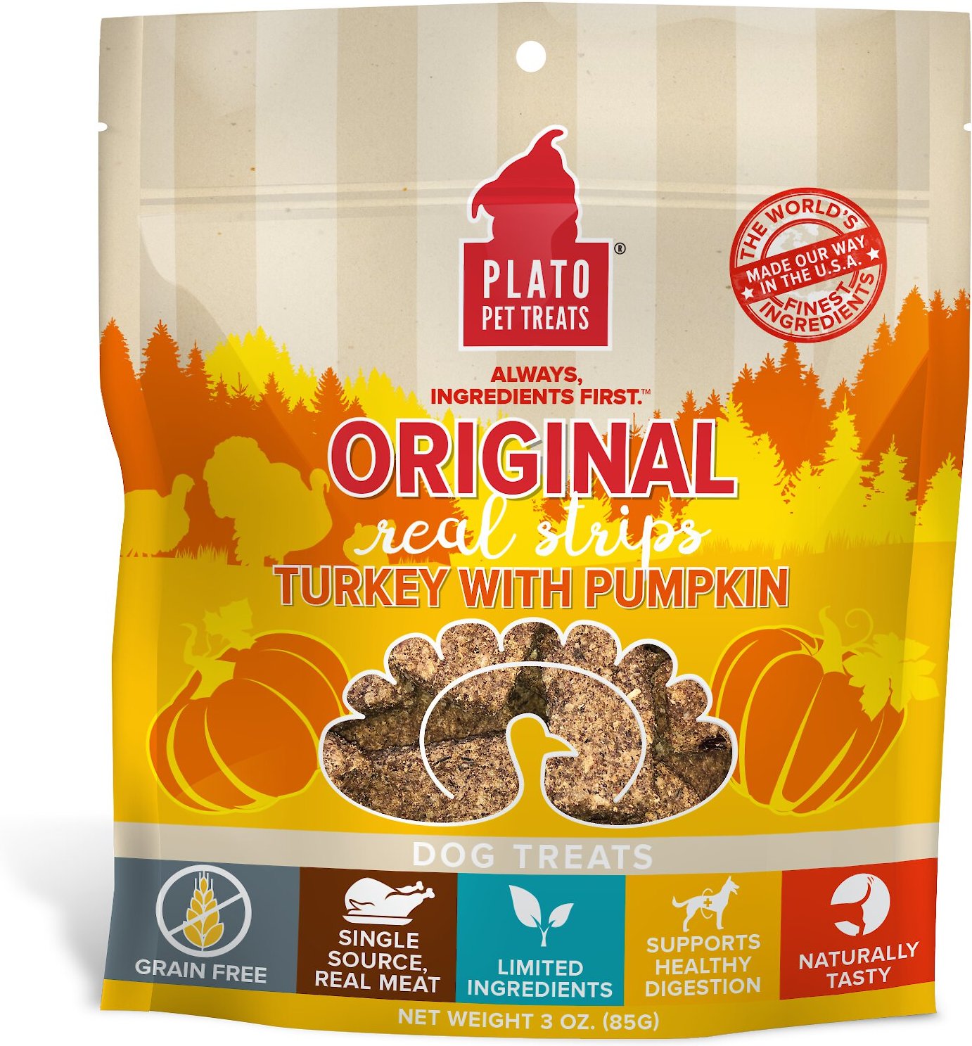 Plato Real Strips Turkey With Pumpkin Dog Treats, 3-oz bag - Chewy.com
