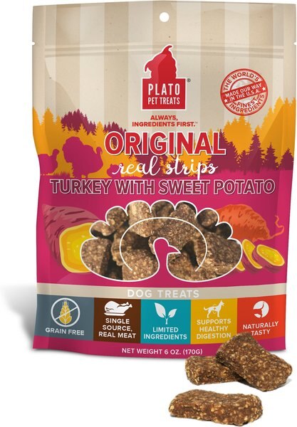 Plato Real Strips Turkey With Sweet Potato Grain-Free Dog Treats, 3-oz bag slide 1 of 4