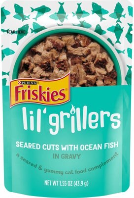 Friskies Lil' Grillers Seared Cuts With Ocean Fish In Gravy Wet Cat Food, 1.55-oz pouches, case of 16, slide 1 of 1