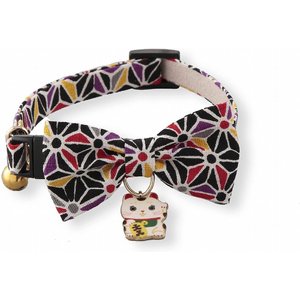 Necoichi Lucky Charm Bow Tie Cotton Breakaway Cat Collar with Bell, Black, 8.2 to 13.7-in neck, 2/5-in wide
