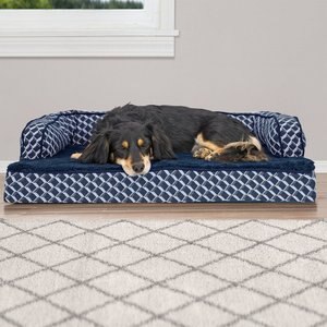 FurHaven Comfy Couch Orthopedic Bolster Dog Bed w/Removable Cover, Diamond Blue, Medium
