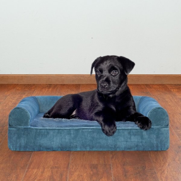 FurHaven Faux Fur Memory Top Bolster Dog Bed w/Removable Cover, Harbor Blue, Small slide 1 of 10