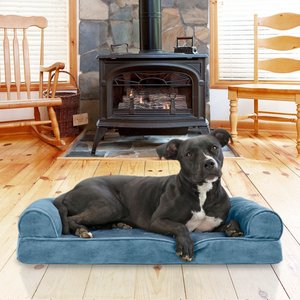 FurHaven Faux Fur Memory Top Bolster Dog Bed w/Removable Cover, Harbor Blue, Medium
