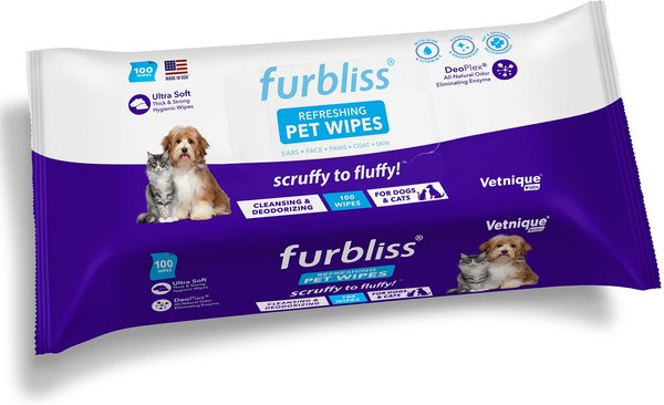 Vetnique Labs Furbliss Pet Wipes Cleansing & Deodorizing Hypoallergenic, Paw & Body Dog & Cat Grooming Wipes, Refreshing Scent, 100 count slide 1 of 8