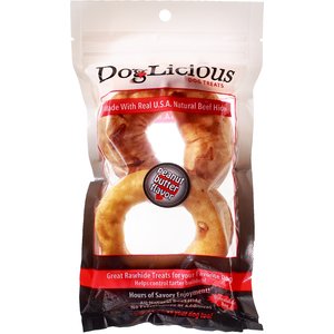 Canine's Choice DogLicious 3.5" Peanut Butter Flavored Donuts Rawhide Dog Treats, 2 count