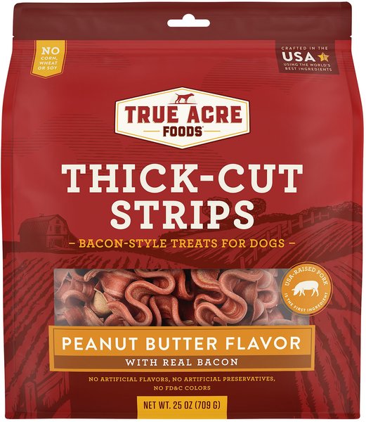 True Acre Foods Thick Cut Strips with Real Bacon & Peanut Butter Flavor Dog Treats, 25-oz bag slide 1 of 7