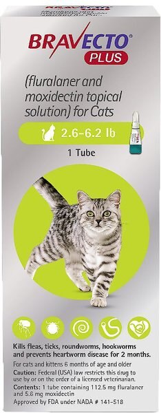 Bravecto Plus Topical Solution for Cats, 2.6-6.2 lbs, (Green Box), 1 Dose (2-mos. supply) slide 1 of 7