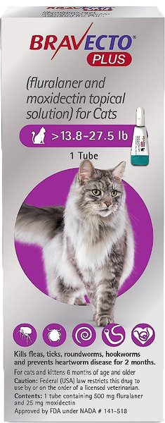 Bravecto Plus Topical Solution for Cats, >13.8-27.5 lbs, (Purple Box), 1 Dose (2-mos. supply) slide 1 of 8