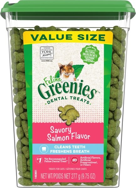 Greenies Feline Savory Salmon Flavor Adult Dental Cat Treats, 9.75-oz tub slide 1 of 8
