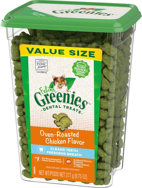 Greenies Feline Oven Roasted Chicken Flavor Adult Dental Cat Treats, 9.75-oz tub slide 1 of 9