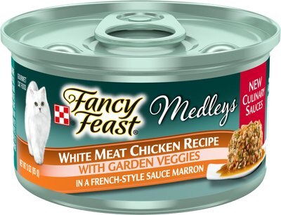 Fancy Feast Medleys White Meat Chicken Recipe with Garden Veggies in Sauce Marron Canned Cat Food, 3-oz can, case of 24, slide 1 of 1